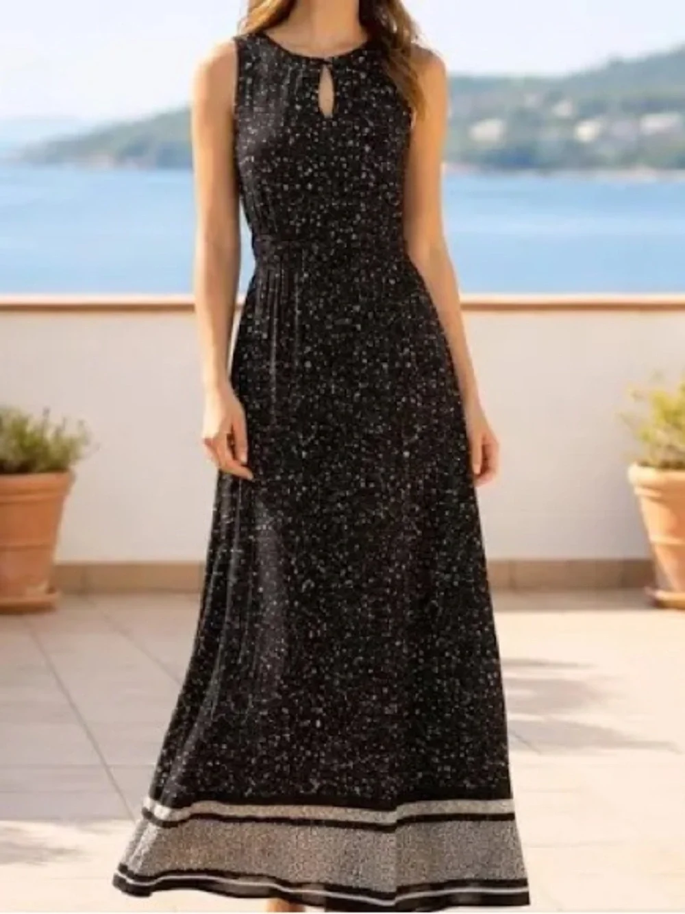 Michael Kors Black Sleeveless Maxi Dress with Border Print